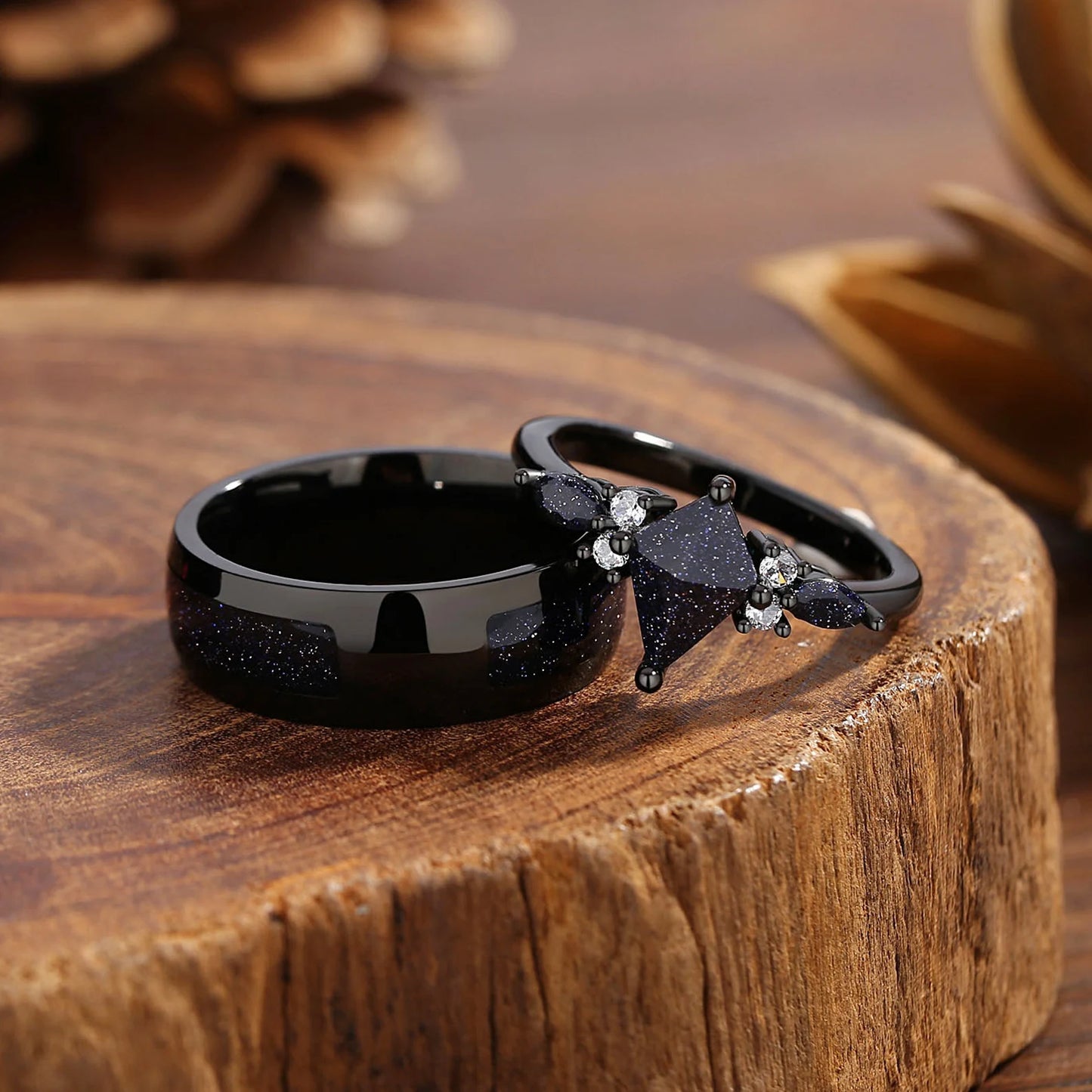 Midnight Sparkle Couple Ring Set, Matching Promise Rings for Couples, Blue Sandstone Engagement Ring Anniversary Gift