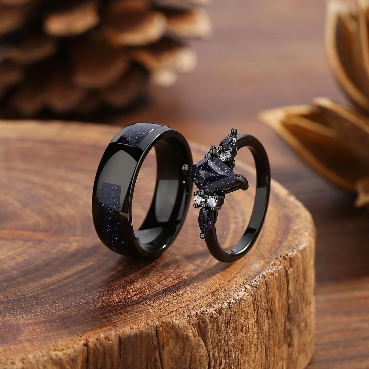Midnight Sparkle Couple Ring Set, Matching Promise Rings for Couples, Blue Sandstone Engagement Ring Anniversary Gift
