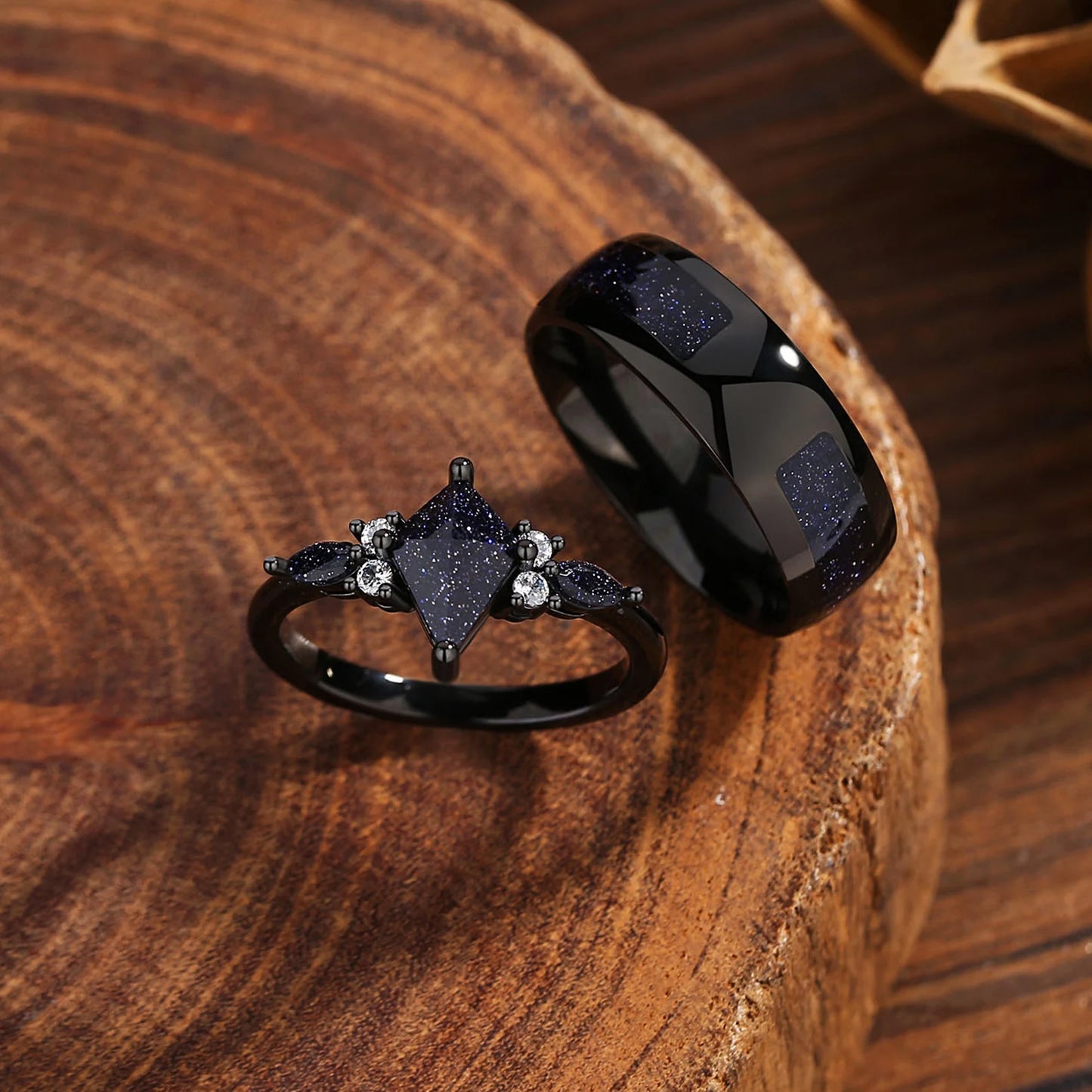 Midnight Sparkle Couple Ring Set, Matching Promise Rings for Couples, Blue Sandstone Engagement Ring Anniversary Gift