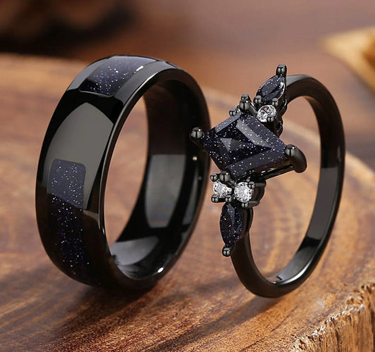 Midnight Sparkle Couple Ring Set, Matching Promise Rings for Couples, Blue Sandstone Engagement Ring Anniversary Gift